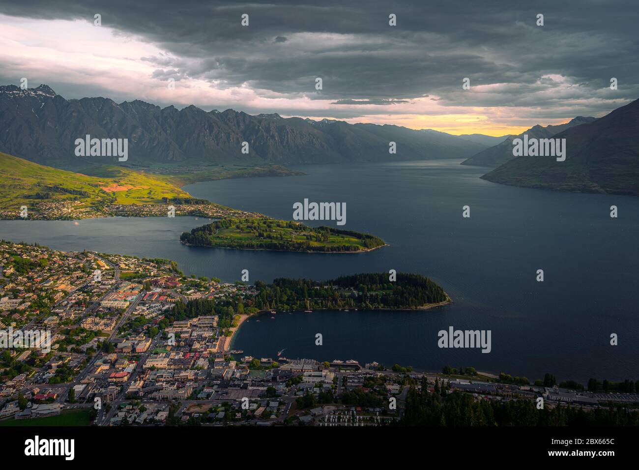 Iconic view of Queenstown from the Skyline at sunset Stock Photo
