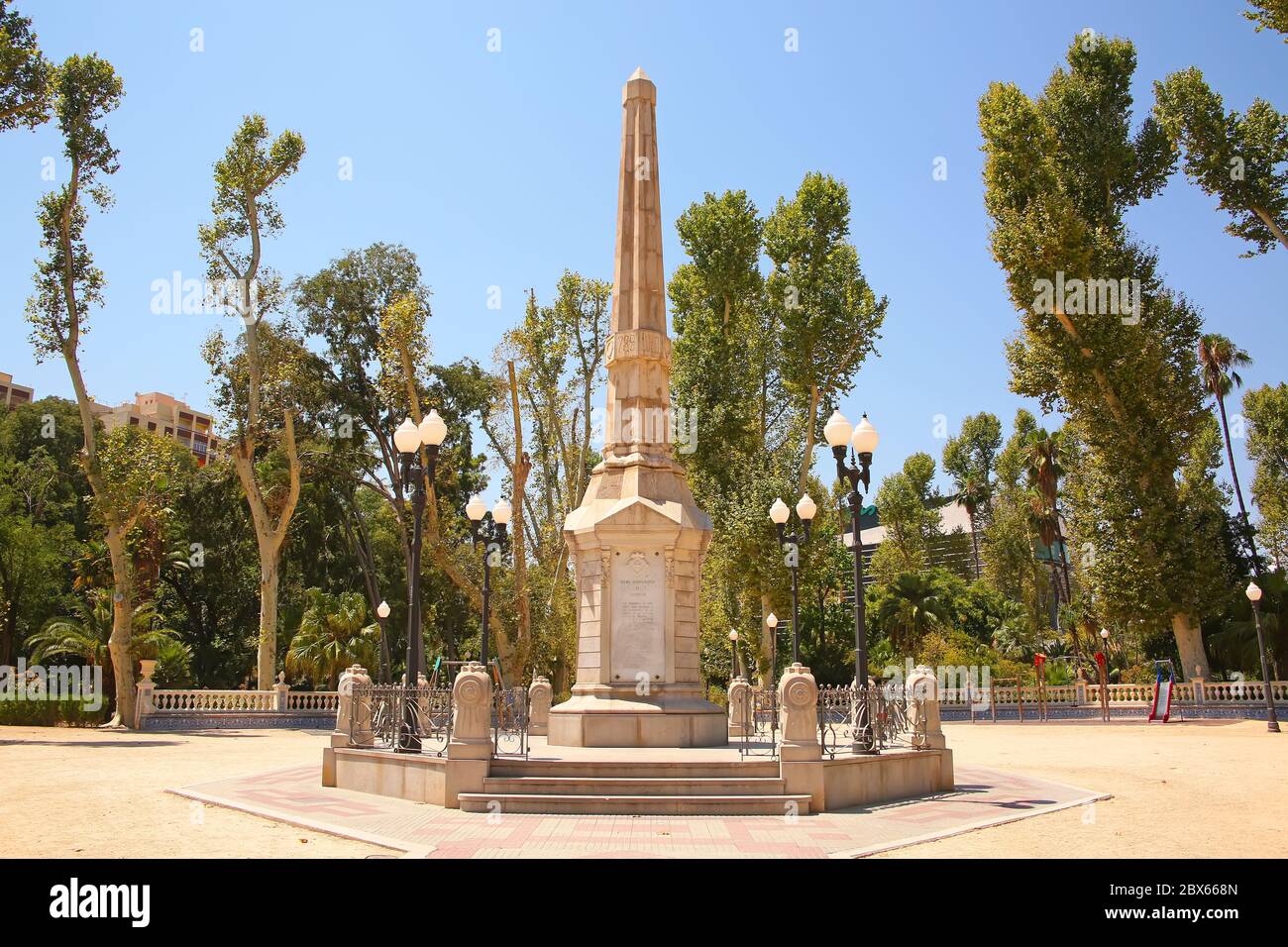 Historic monument in Ribalta Park & gardens which is in the city center downtown area of Castellón, Valencia, Spain. Stock Photo