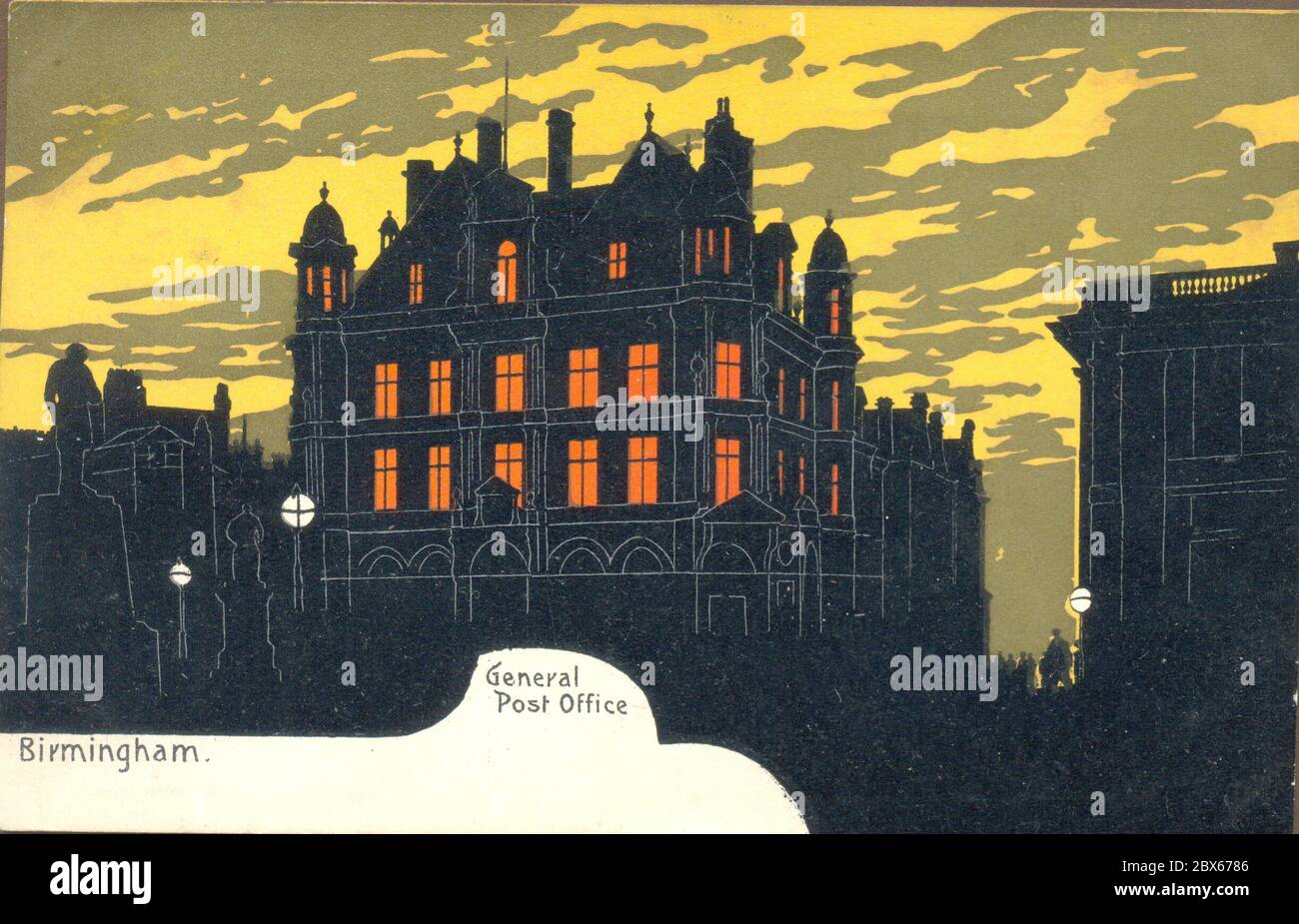 Postcard of silhouette of General Post Office, Birmingham designed by