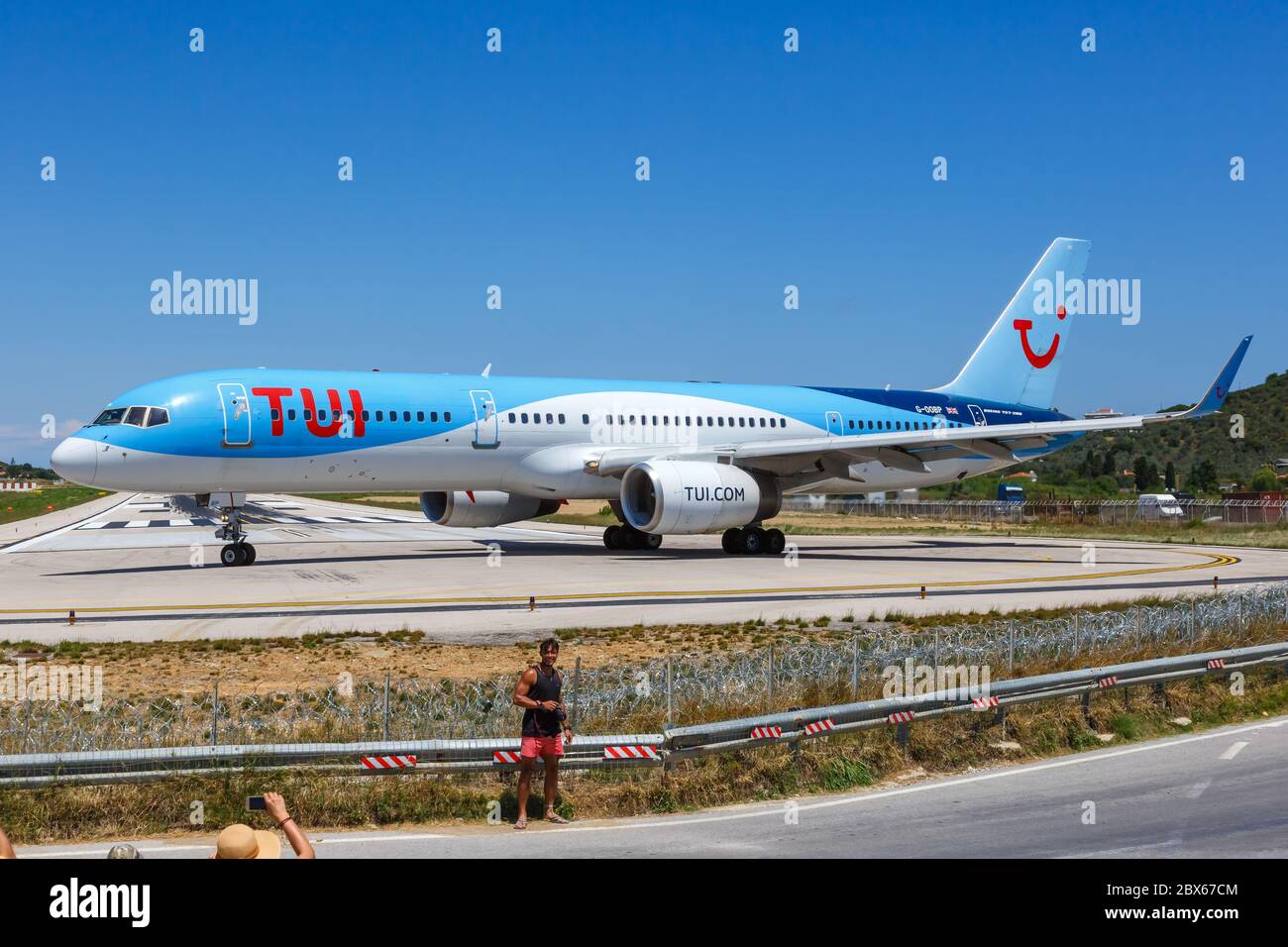 Skiathos, Greece - July 30, 2019: TUI Boeing 757-200 airplane at Skiathos airport (JSI) in Greece. Boeing is an American aircraft manufacturer headqua Stock Photo
