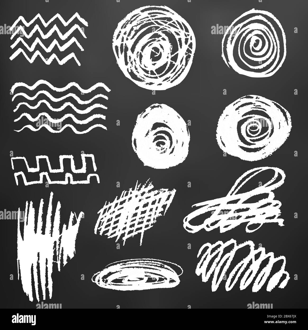 Cute children's drawing. White chalk on a black board. Icons. Doodle