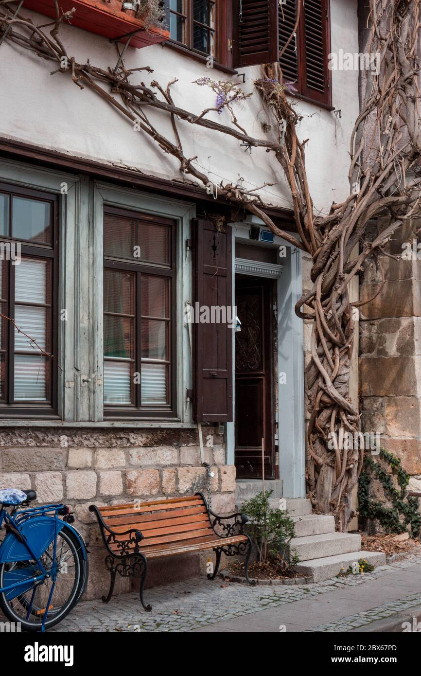Picturesque building in the old town of University City Tuebingen, Germany with wooden window and bench, bicycle and dried up grapevine Stock Photo