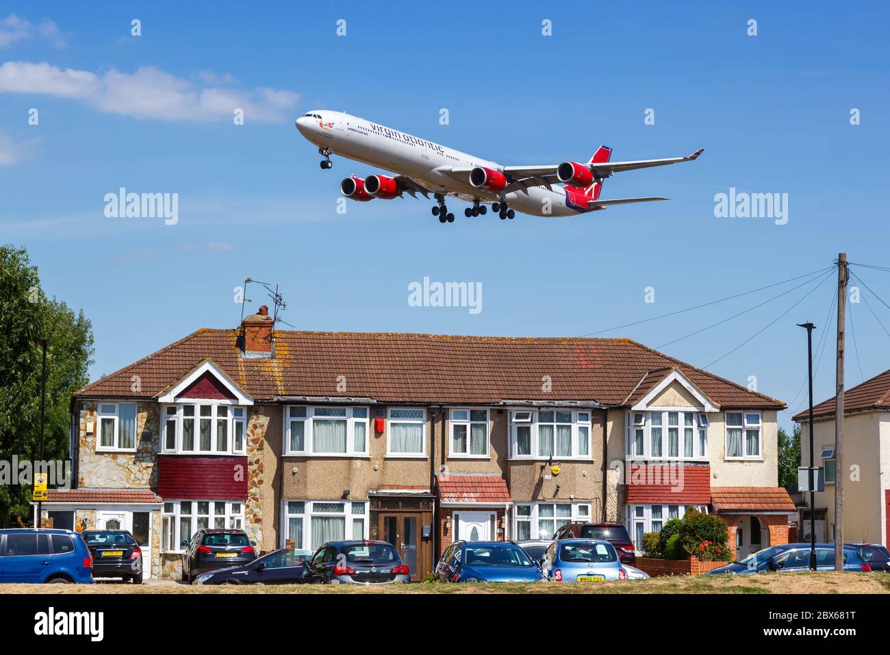 London, United Kingdom - August 1, 2018: Virgin Atlantic Airbus A340-600 airplane at London Heathrow airport (LHR) in the United Kingdom. Stock Photo