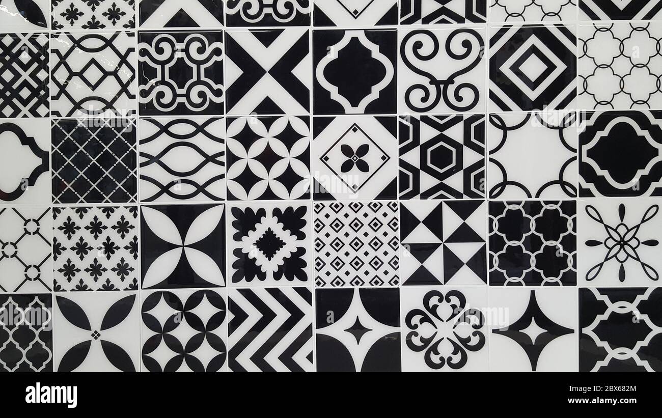 Vintage ceramic tile texture black and white Turkish ceramic tiles wall  background Stock Photo - Alamy