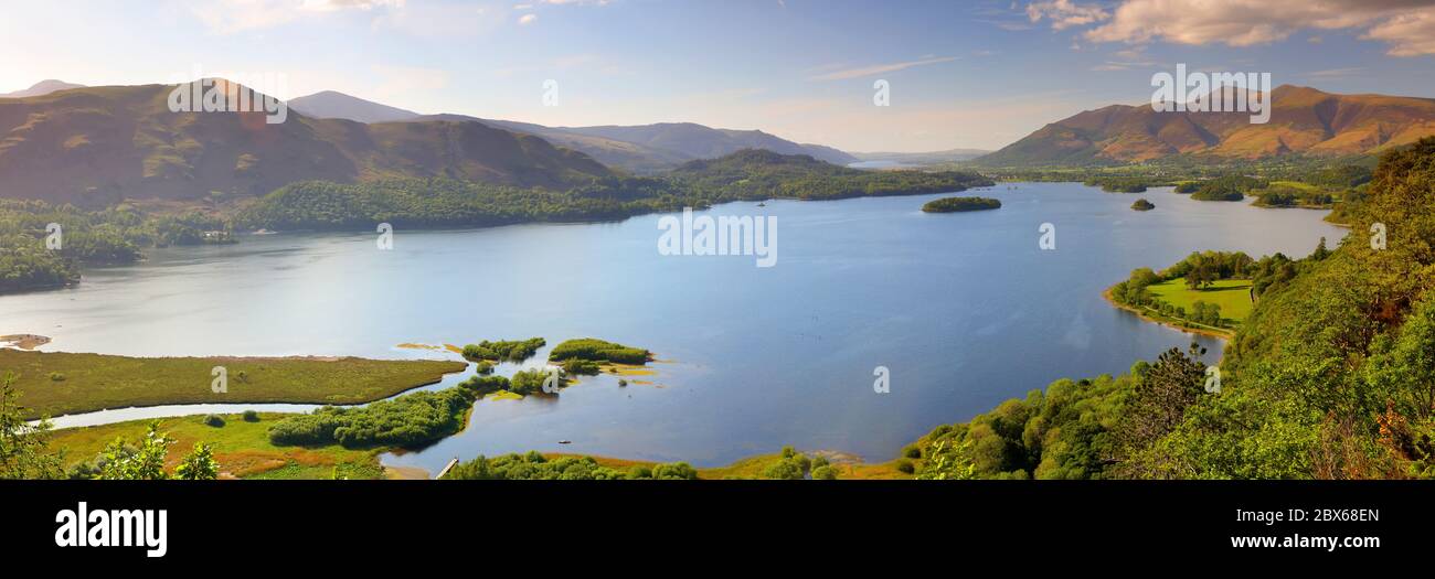Panoramic image of Derwent Water from Surprise view on a Sunny Day, Lake District, Cumbria, England, UK Stock Photo