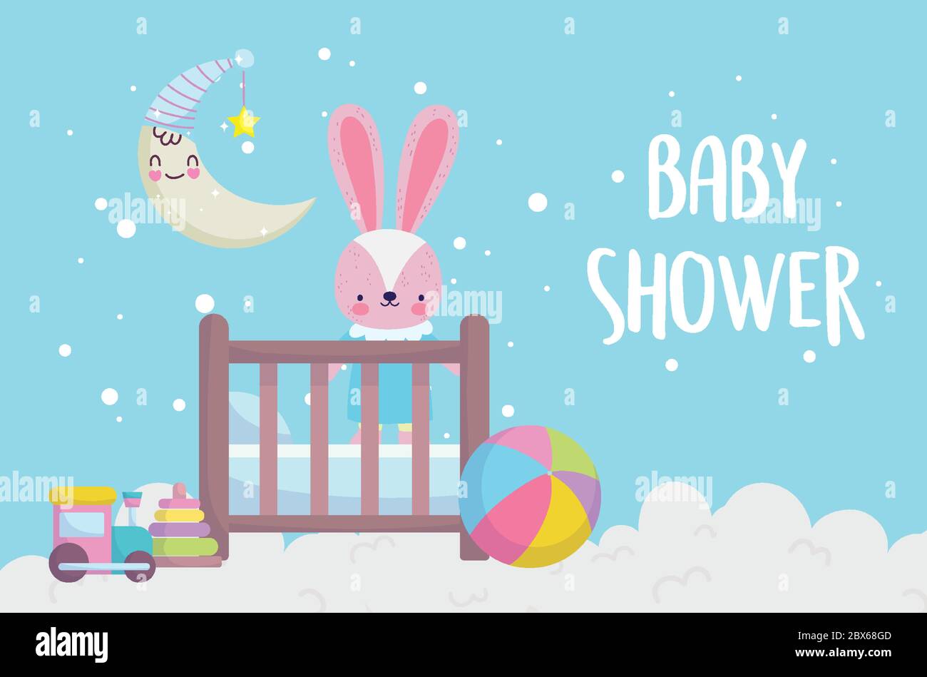 baby shower, cute bunny in crib with ball train moon cartoon, announce
