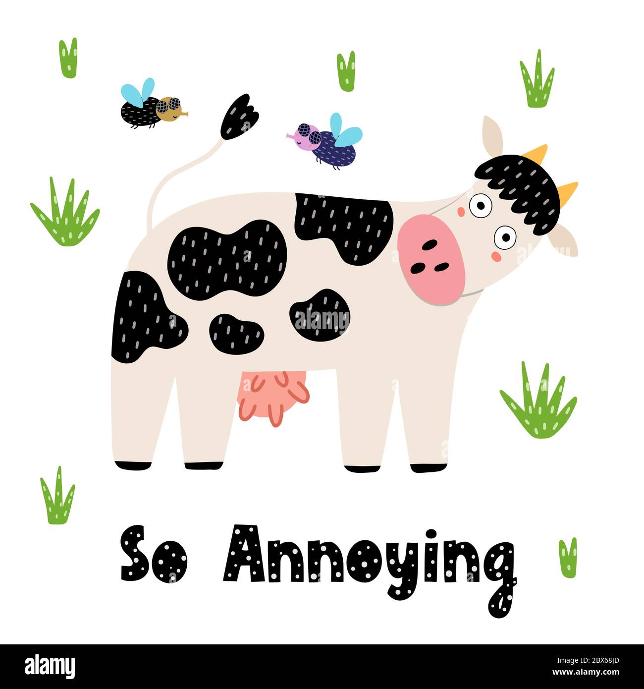 Cow and flies funny print. Card in childish style Stock Vector
