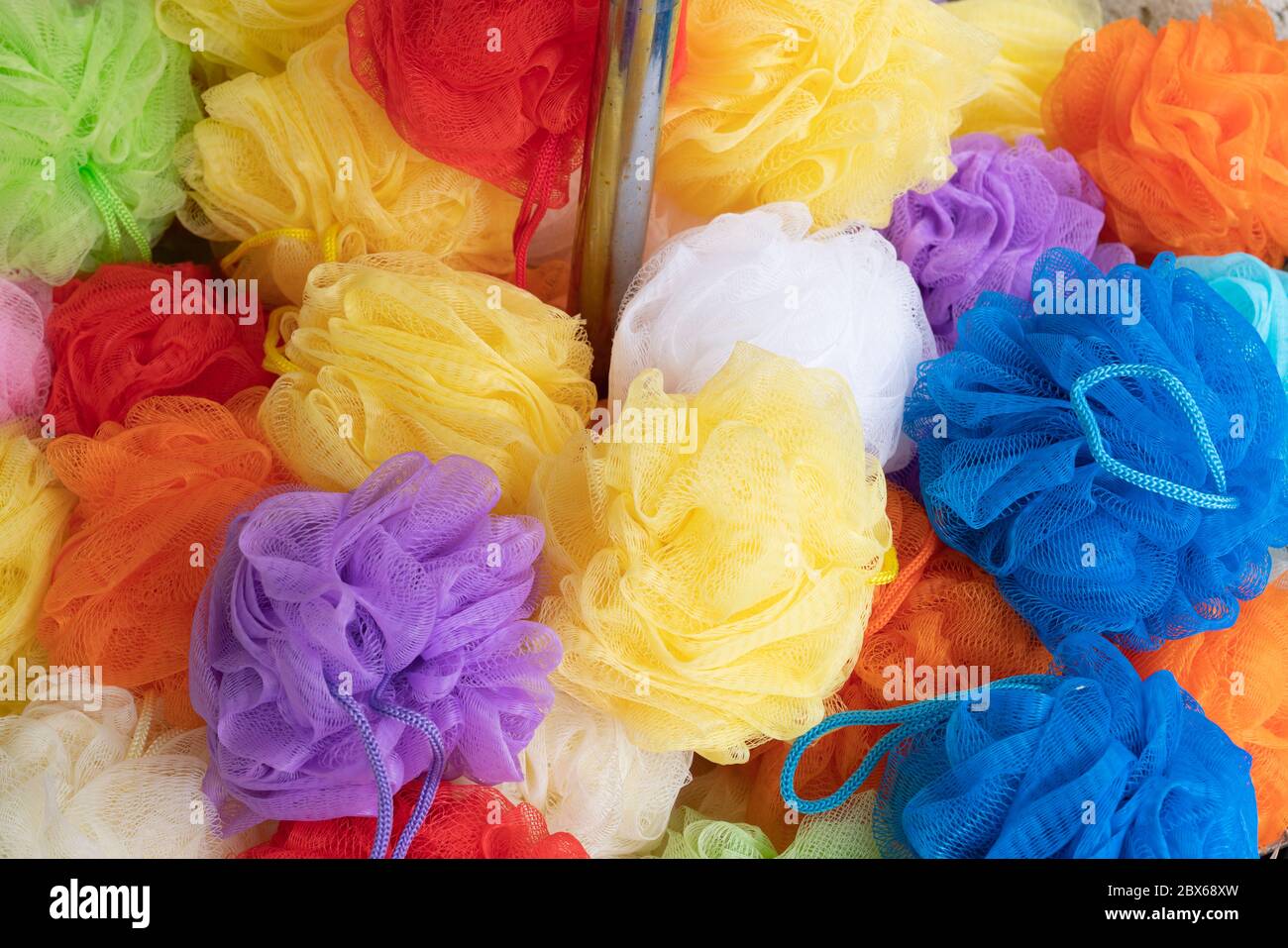 Collection bath soft with rope shower sponge background Stock Photo Alamy