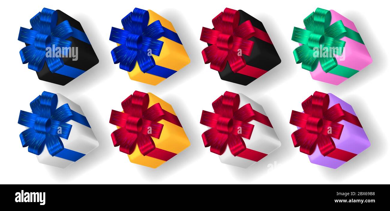 Set of multicolored gift boxes with ribbons, bows and shadows Stock ...