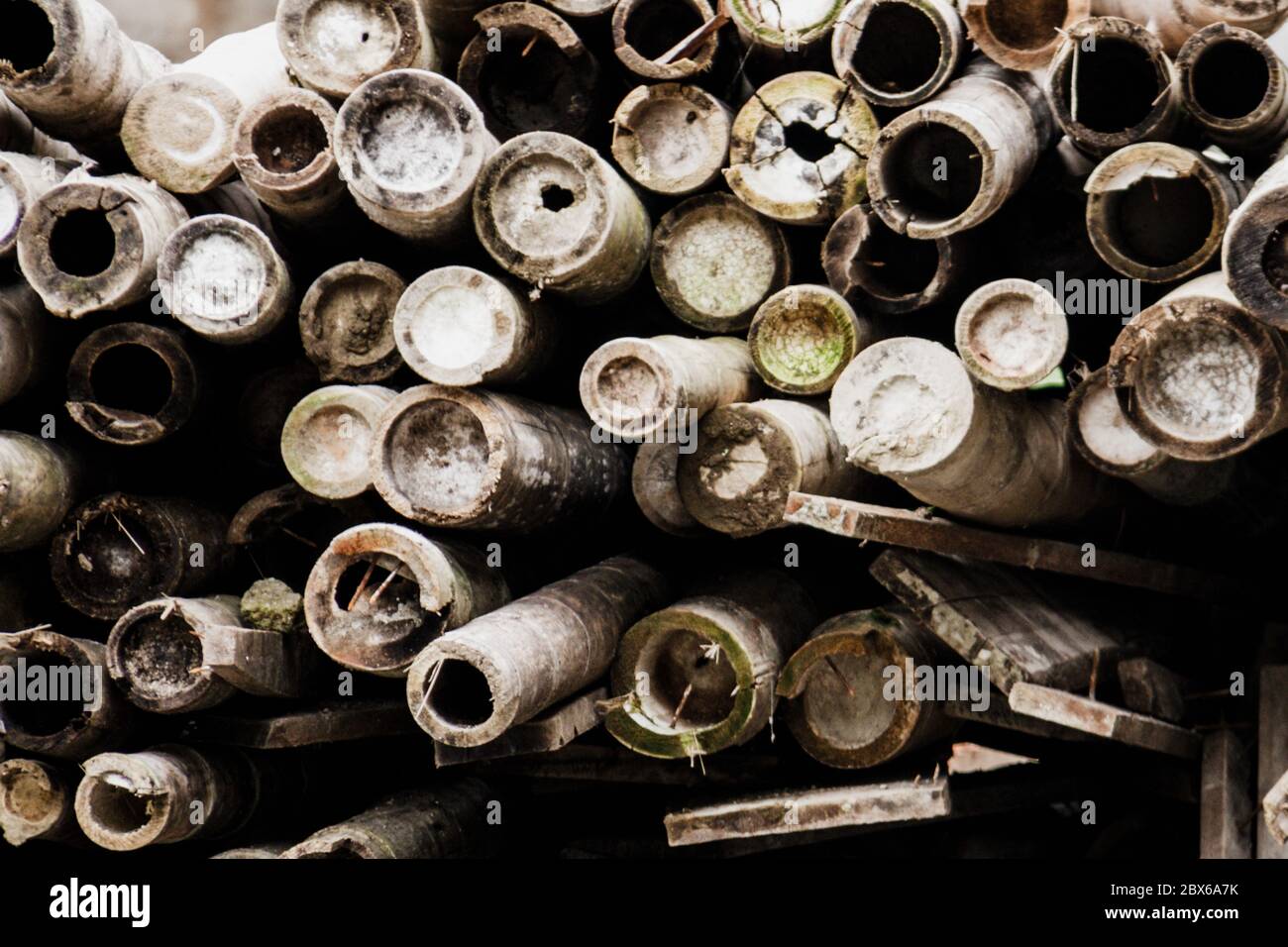 stacking cane guadúa, bamboo, old wood, dirty Stock Photo