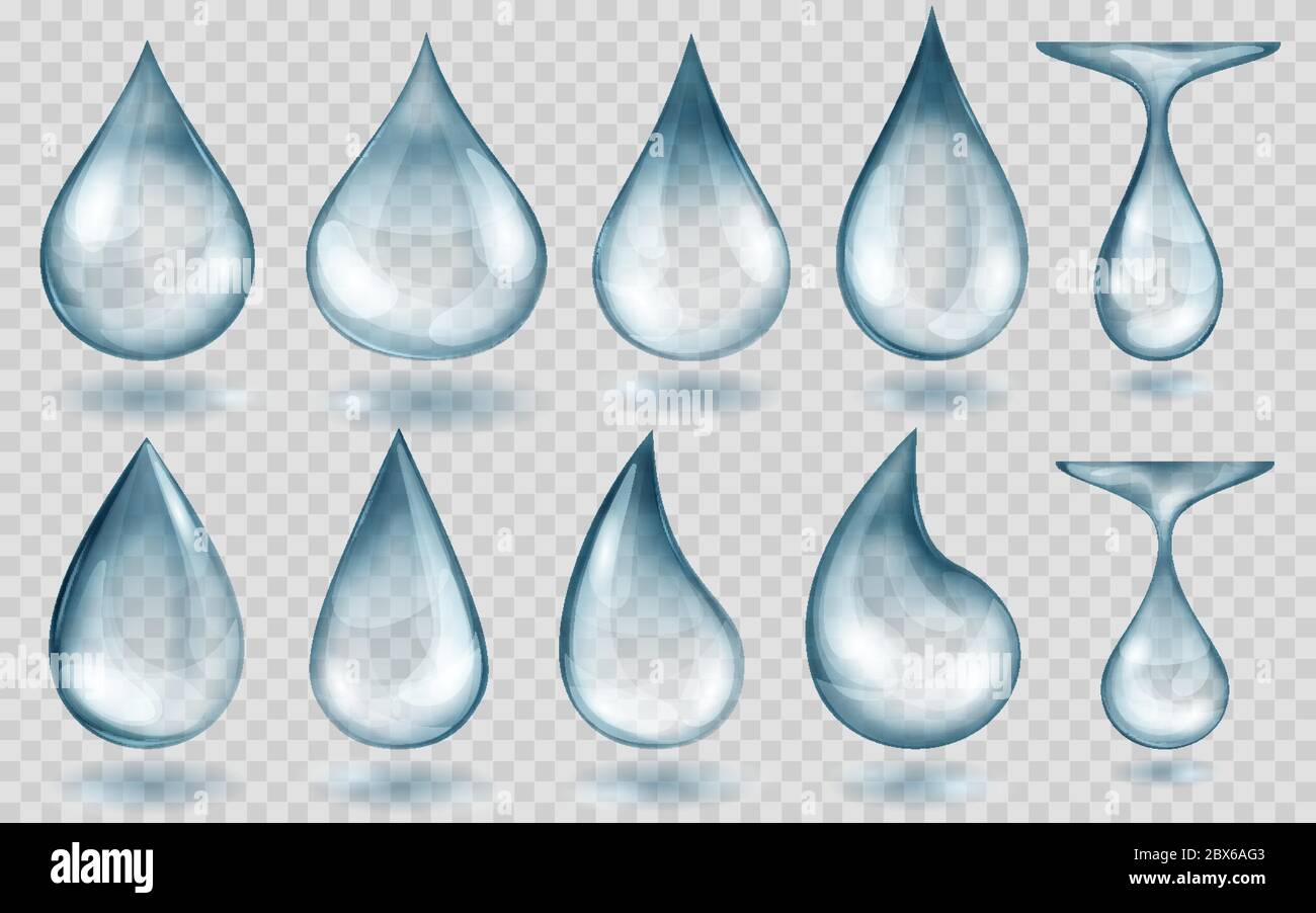Set of translucent water drops in light blue colors in various shapes ...