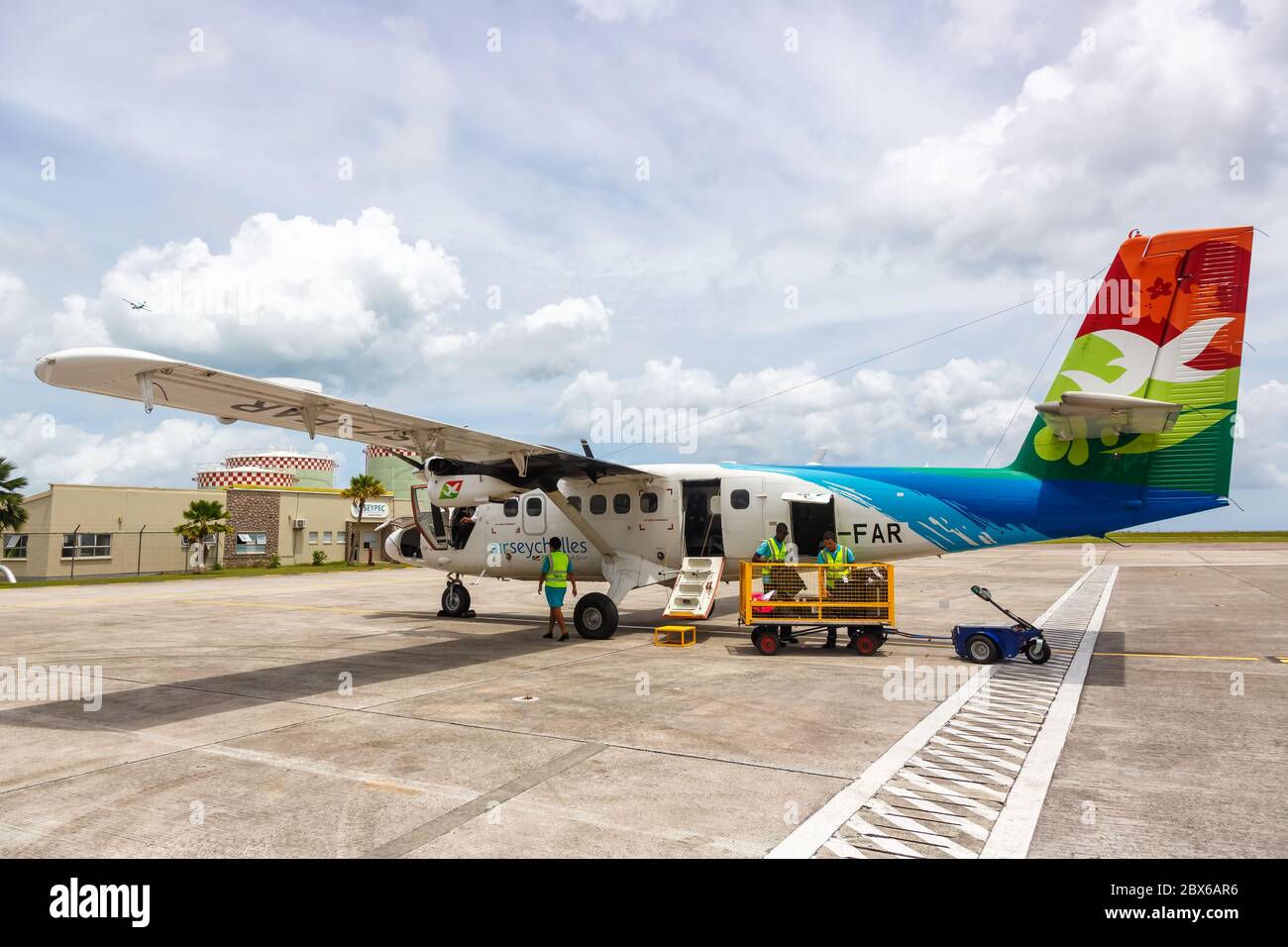Mahe, Seychelles - February 7, 2020: Air Seychelles DHC-6-400 Twin Otter airplane at Mahe airport (SEZ) on the Seychelles. Stock Photo