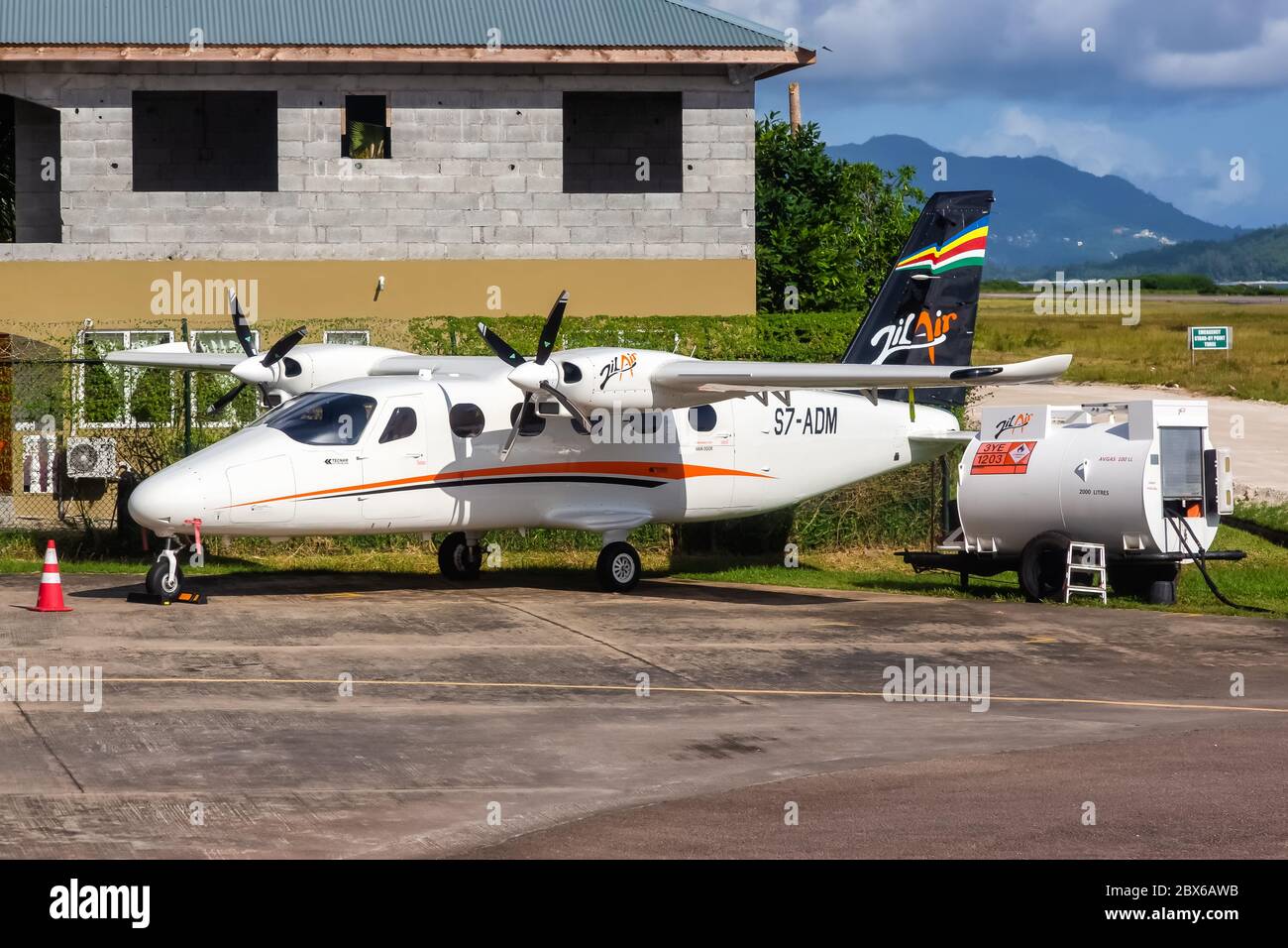Mahe, Seychelles - February 8, 2020: Zil Air Tecnam P2012 airplane at Mahe airport (SEZ) on the Seychelles. Stock Photo