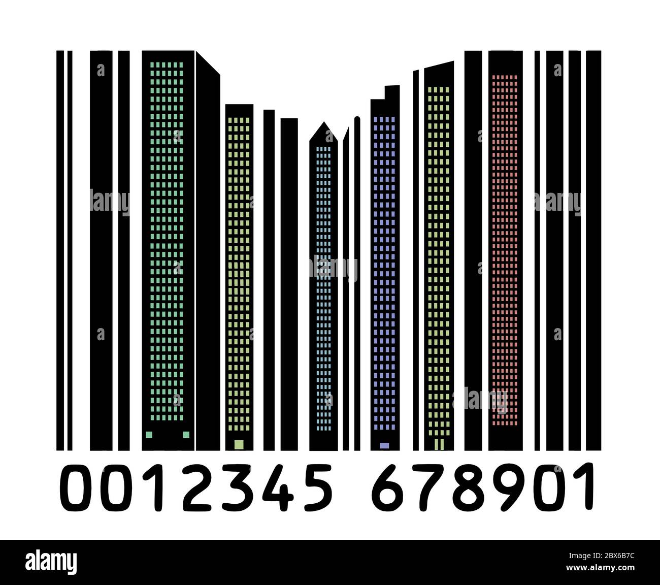 A silhouetted  city at night with lights glowing forms a barcode to represent money, shopping and budget issues in cities. Stock Photo