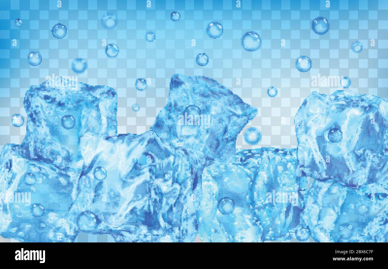 A lot of translucent light blue ice cubes and air bubbles under water on transparent background. Transparency only in vector format Stock Vector