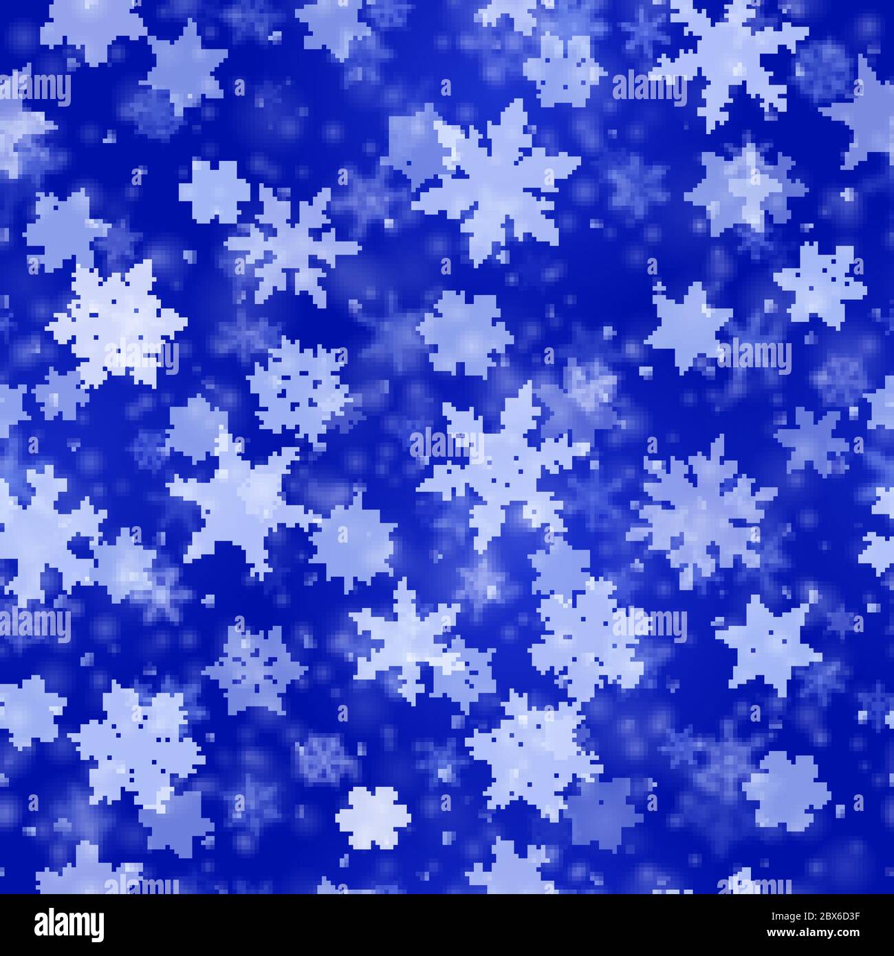 Christmas seamless pattern of complex blurred and clear falling snowflakes in blue colors with bokeh effect Stock Vector
