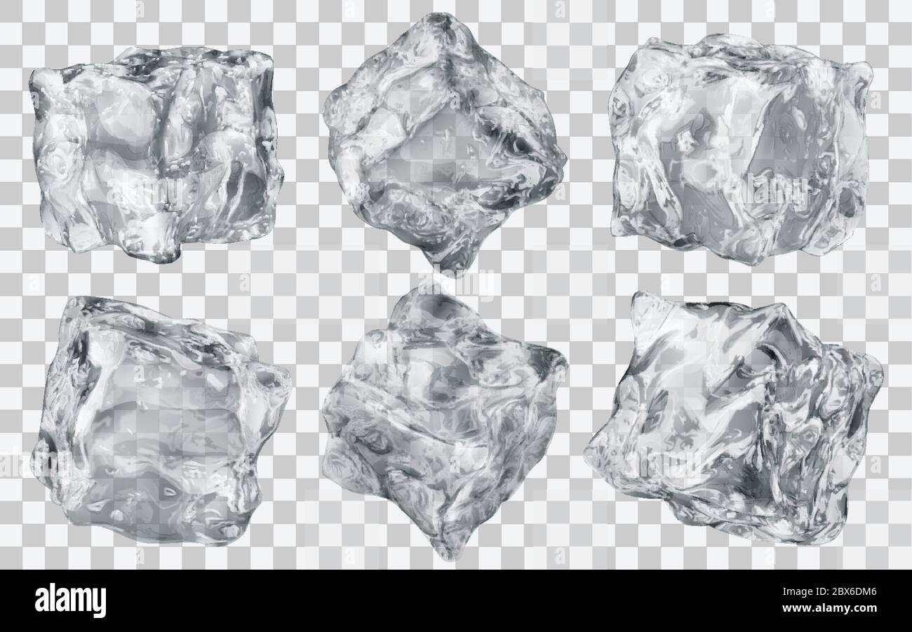 Set of six realistic translucent ice cubes in gray color isolated on