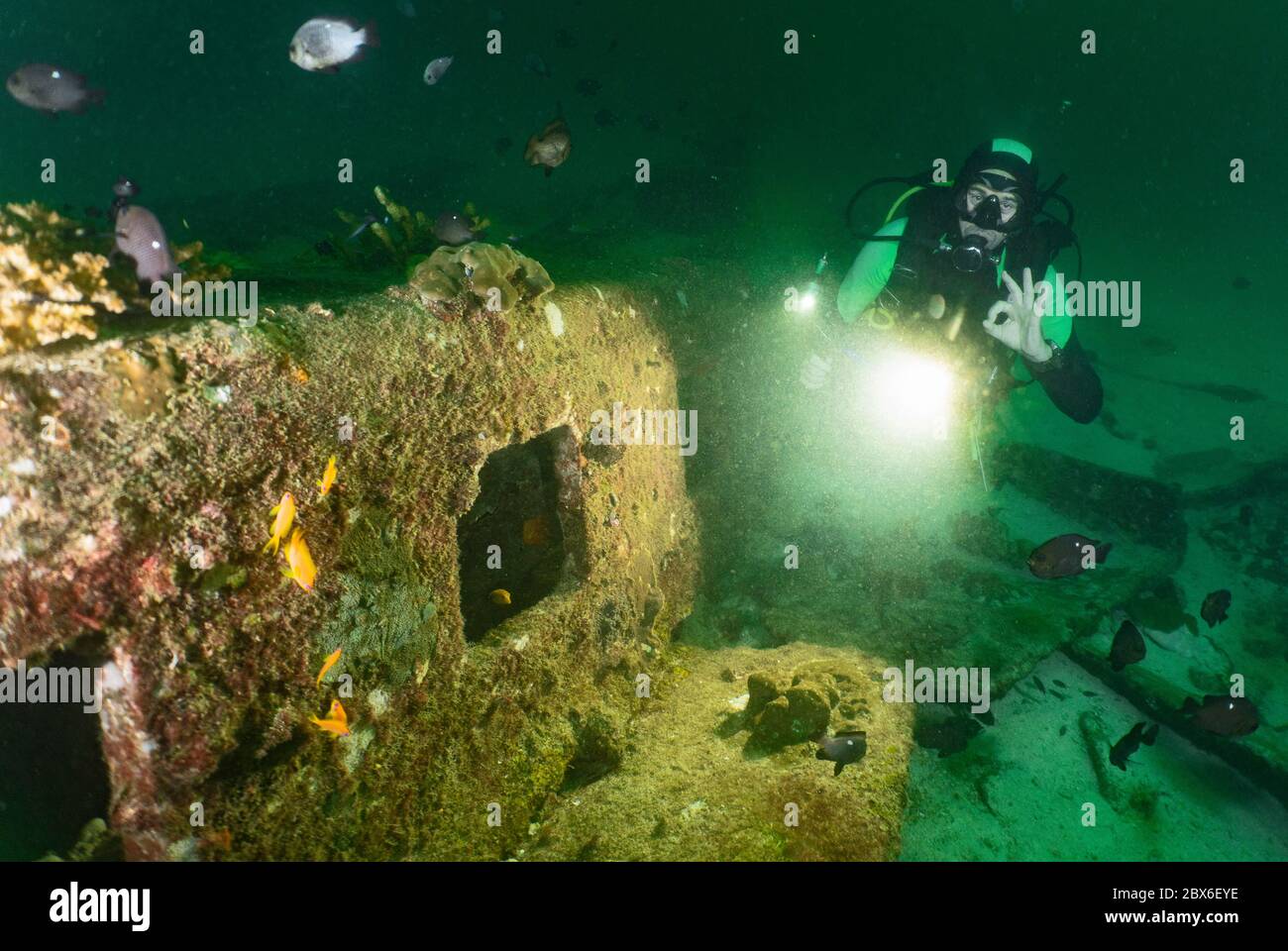 diver exploring wreck at Raja Yai close to Phuket Stock Photo