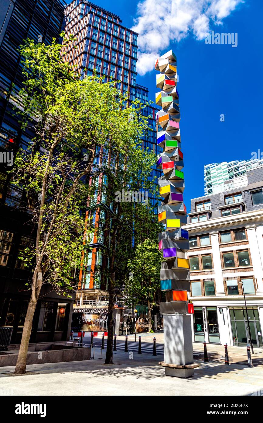 'Chromorama' (2015) sculpture by artist David Batchelor comprises 35 illuminated light boxes near Broadgate, Liverpool Street, London, UK Stock Photo