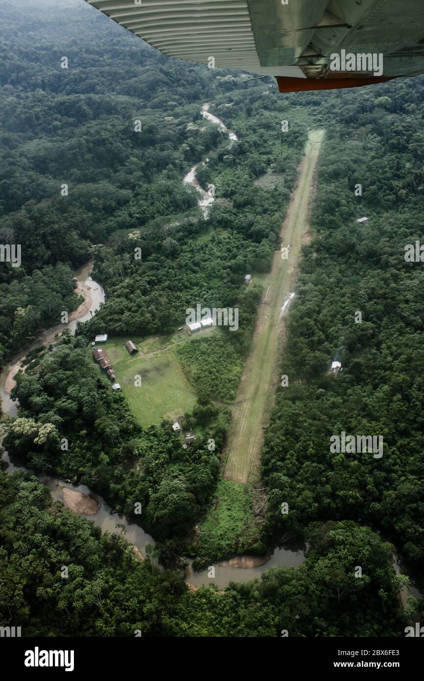 Aerial view of rural airstrip in the Amazon, Ecuador Stock Photo