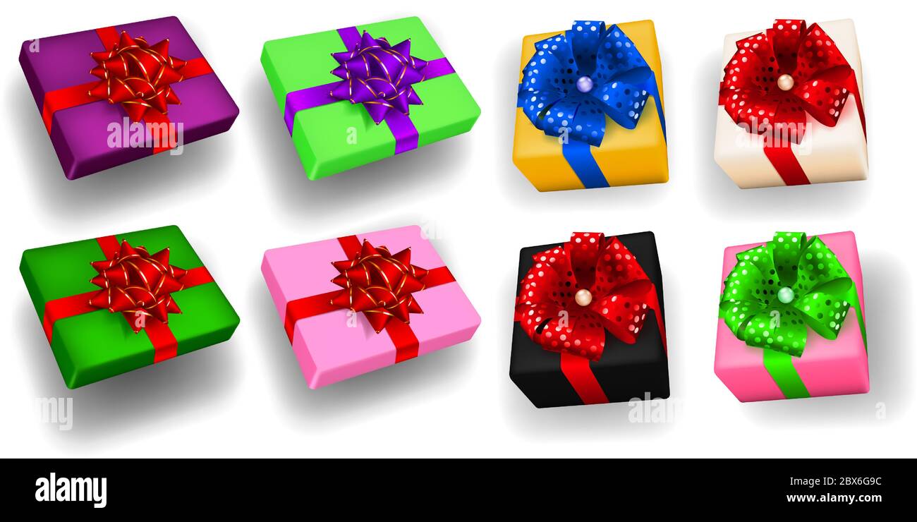 Set of multicolored gift boxes with ribbons, bows and shadows Stock ...