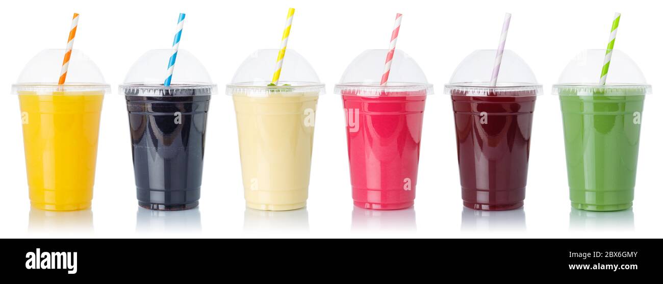 Set of fruit smoothies fruits orange juice straw drink in cups isolated on a white background