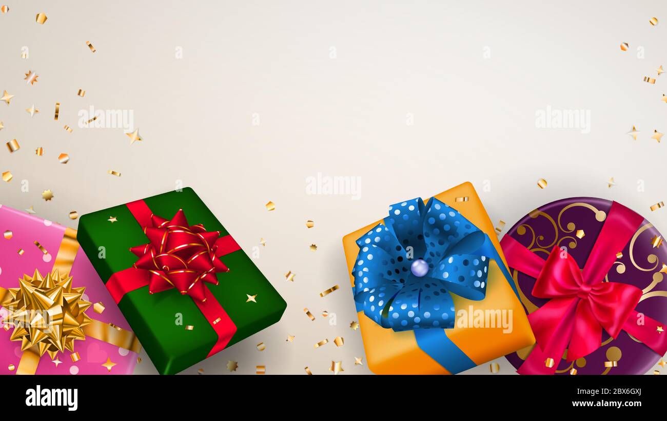 Vector Illustration Of Multicolored Gift Boxes With Ribbons Bows And Shadows And Small Shiny