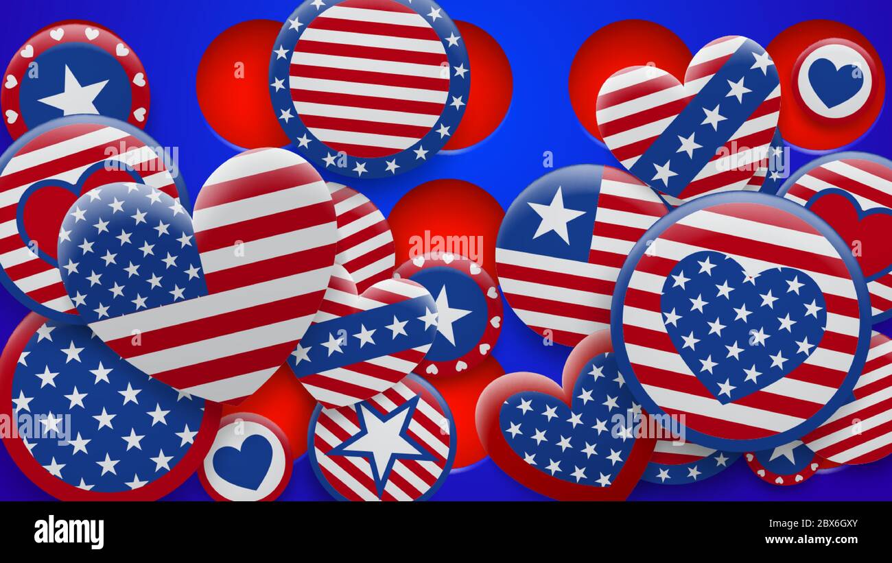 Vector illustration of various USA symbols in red and blue colors on background with holes. Independence Day United States of America Stock Vector