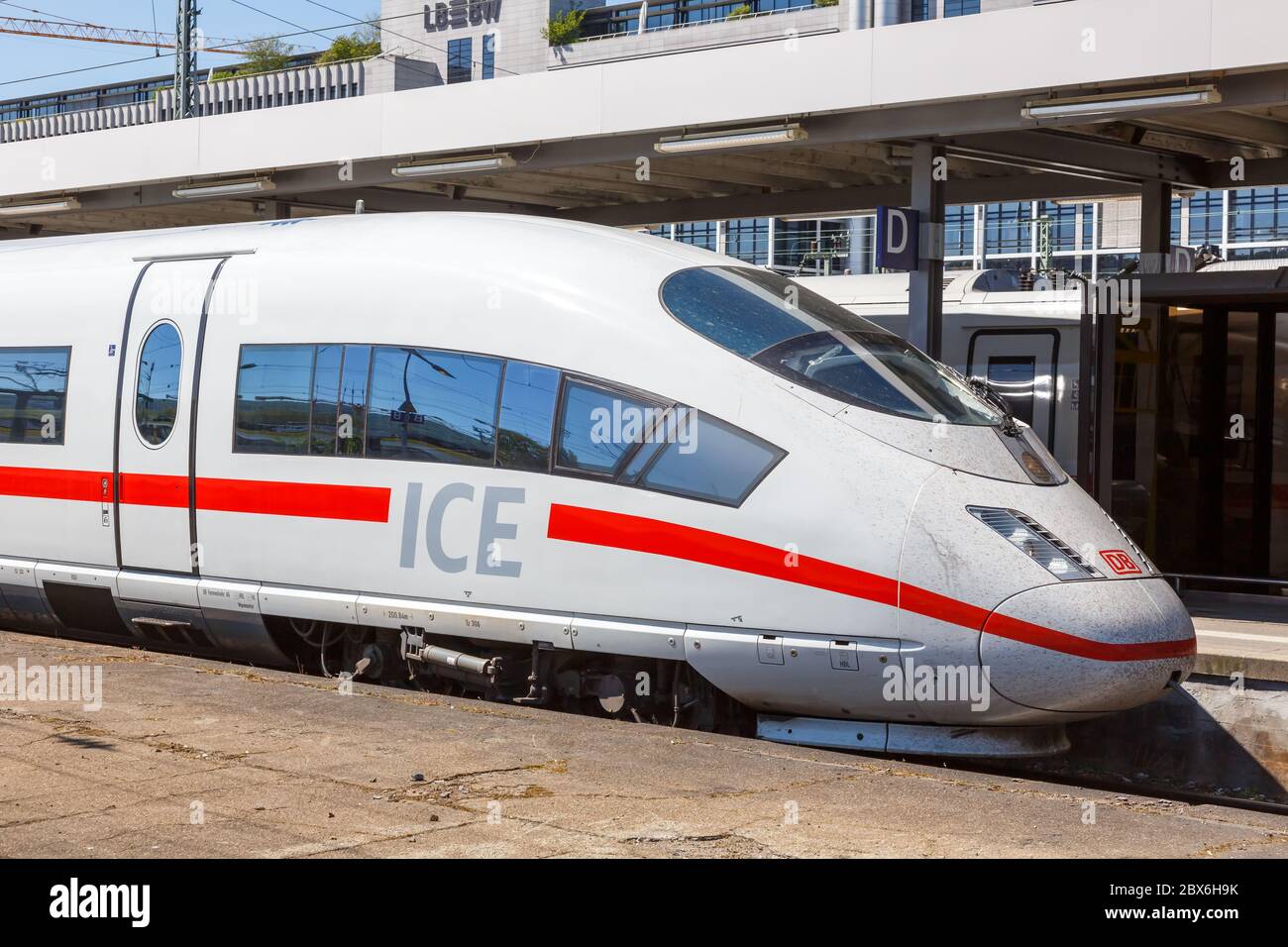 Stuttgart, Germany - April 22, 2020: ICE 3 train railcar locomotive at Stuttgart main station railway in Germany. Stock Photo