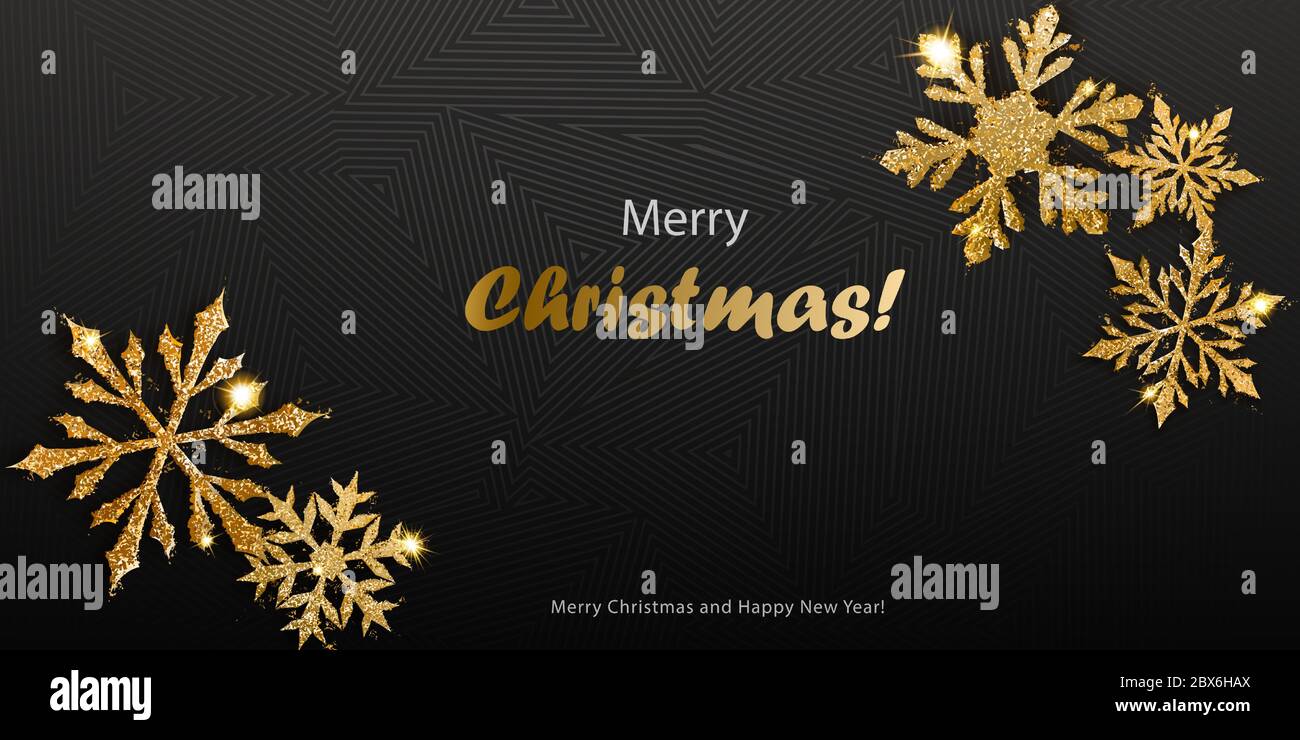 Vector illustration of beautiful shiny complex Christmas snowflakes made of sparkles in golden colors with shadows on dark background Stock Vector