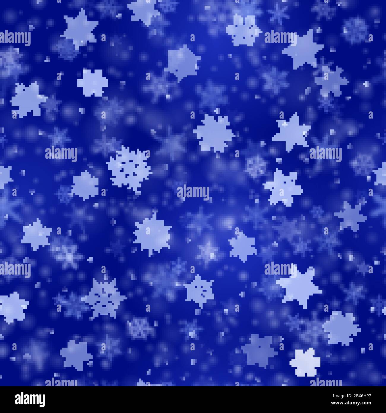 Christmas seamless pattern of complex blurred and clear falling snowflakes in blue colors with bokeh effect Stock Vector