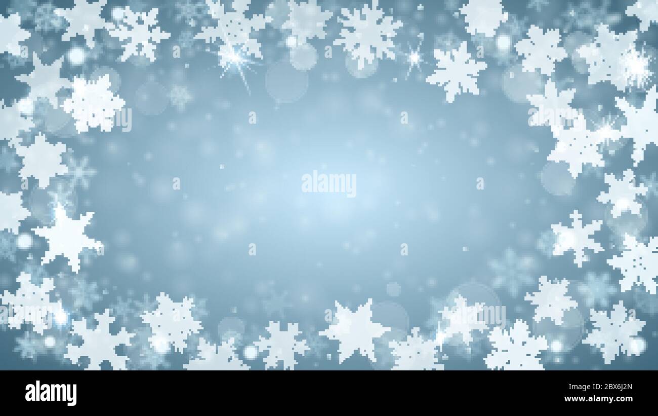 Christmas background of complex blurred and clear falling snowflakes in ...