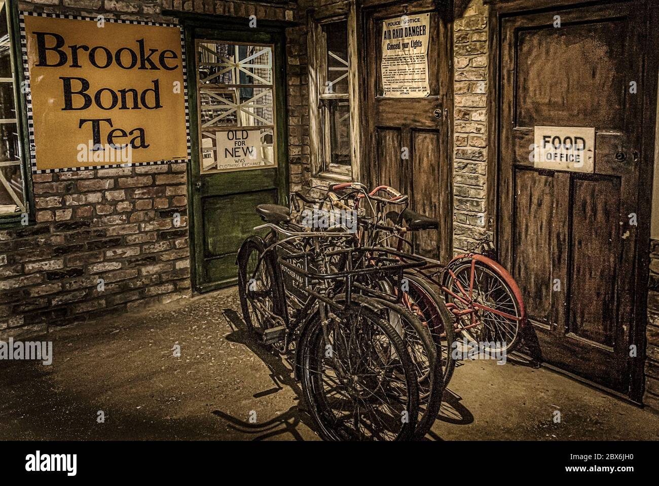 Vintage shops & bicycles, Eden Camp, Yorkshire Stock Photo