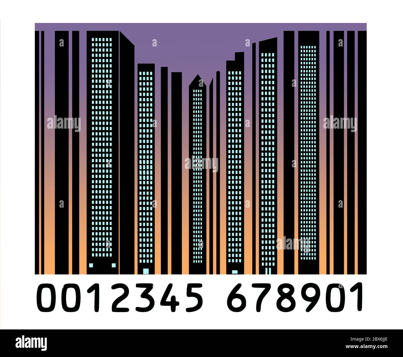 A bar code looks like a city skyline at night in this illustration about a city's economy. Stock Photo