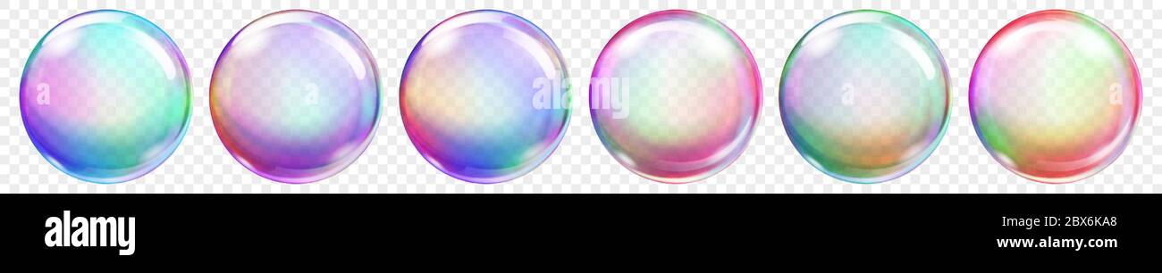 Set of translucent colored soap bubbles on transparent background. Transparency only in vector format Stock Vector