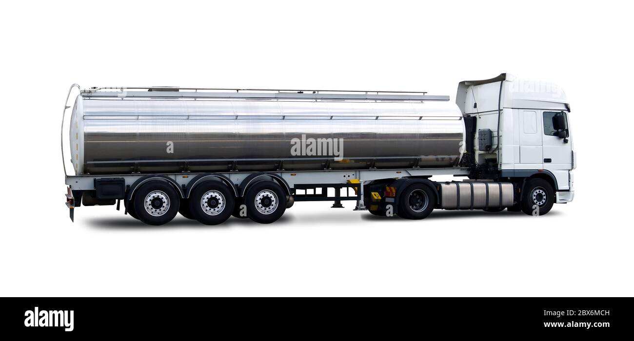 Fuel tanker truck side view isolated on white Stock Photo