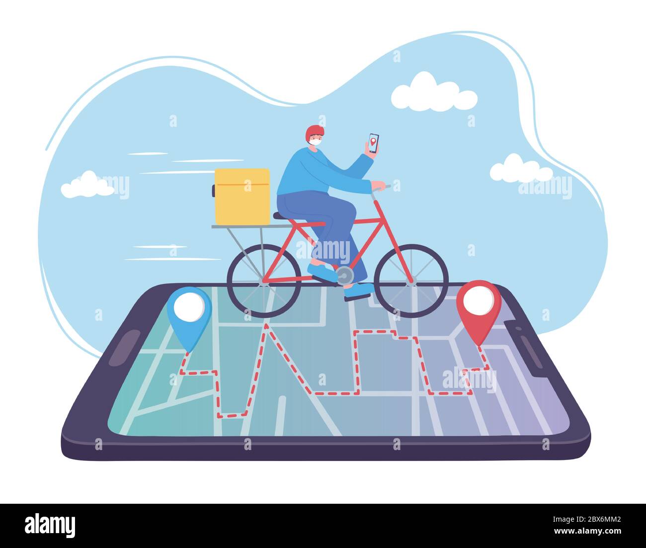 online delivery service, man riding bike on smartphone tracking, fast and free transport, order shipping, app website vector illustration Stock Vector Image and Art