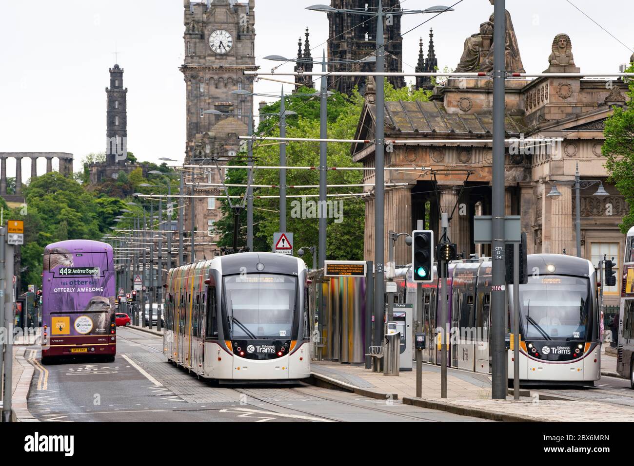 View of Trams and buses on Princes Street in Edinburgh, Scotland, UK Stock Photo