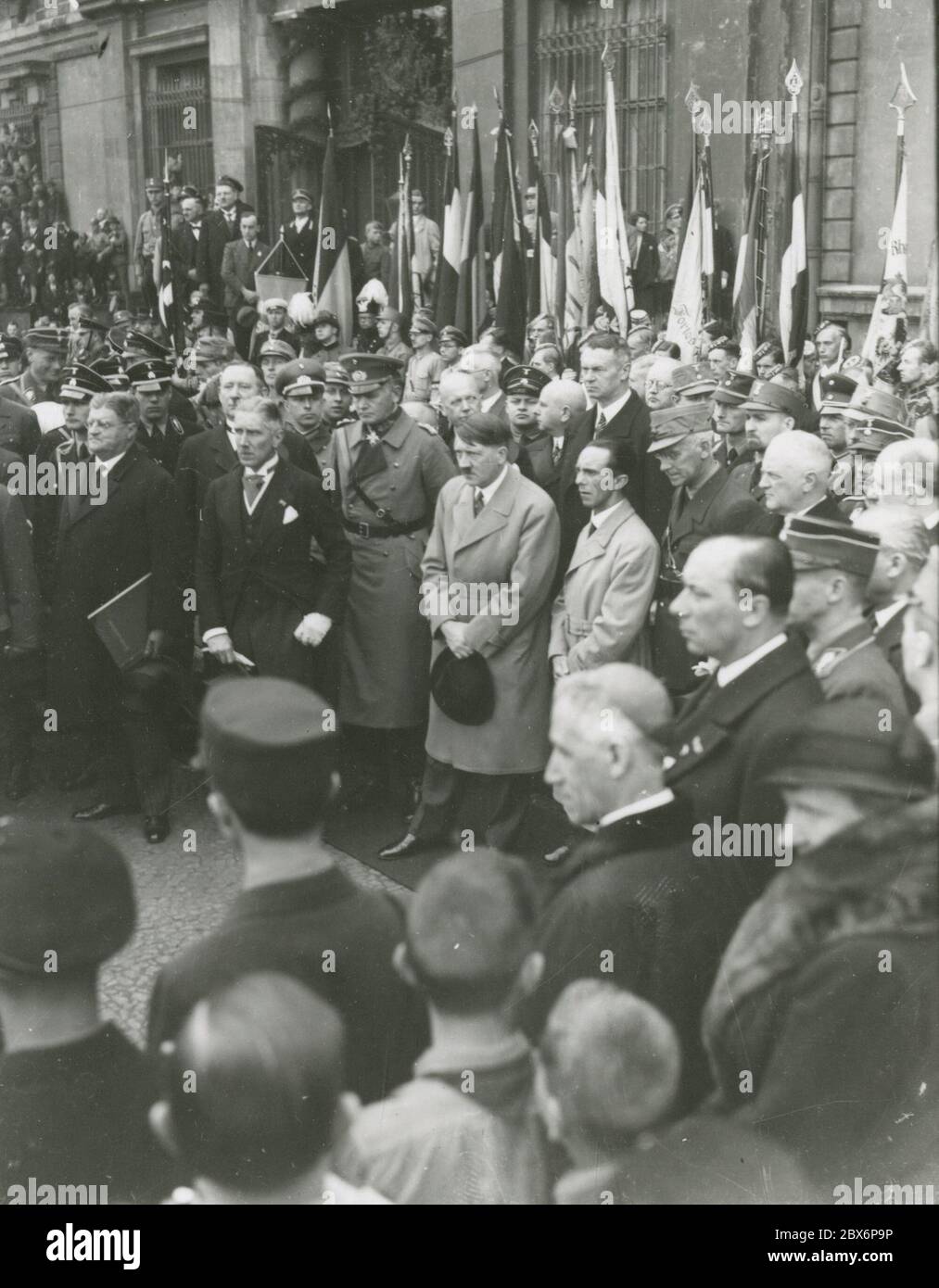 During the speech by the Reich President of Hindenburg at the youth rally in the Lustgarten - Meissner, von Papen, Blomberg, Hitler, Goebbels. Heinrich Hoffmann Photographs 1933 Adolf Hitler's official photographer, and a Nazi politician and publisher, who was a member of Hitler's intimate circle. Stock Photo