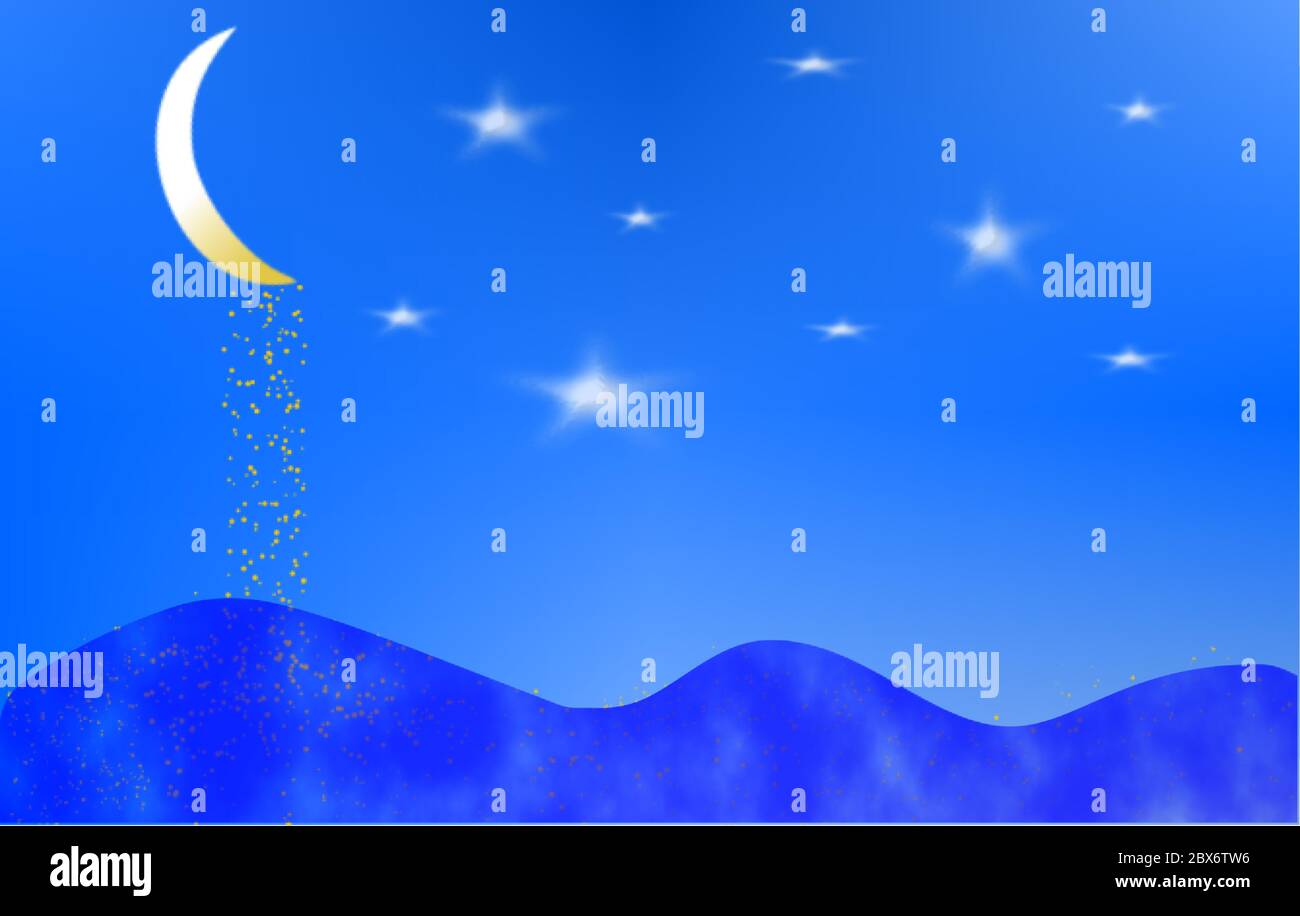 Halfgolden moon pouring gold on sea, with a sky full of shiny stars