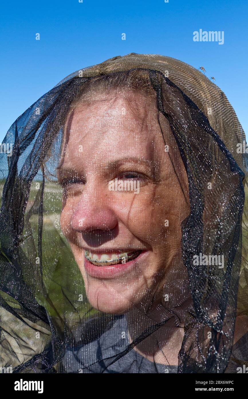 Woman in mosquito head net. Mosquitos, black flies, horse flies and other flying insects can be vicious duringsummer. Churchill, Manitoba Stock Photo