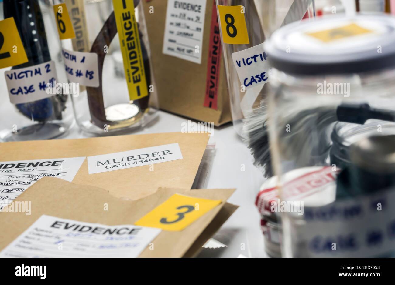 Various laboratory tests forensic equipment, conceptual image Stock