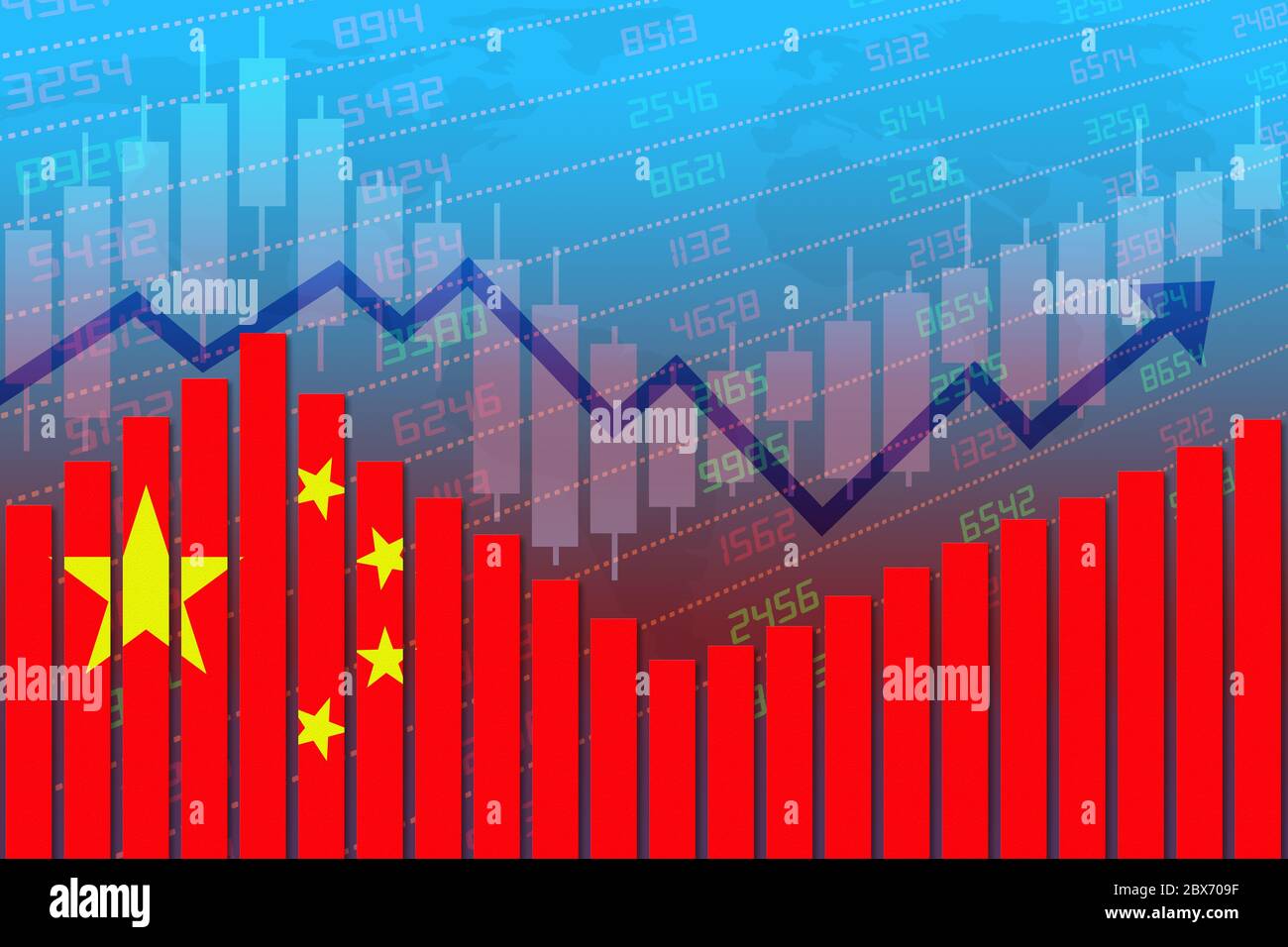 China flag on bar chart concept of economic recovery and business improving after crisis such as Covid-19 or other catastrophe as economy and business Stock Photo