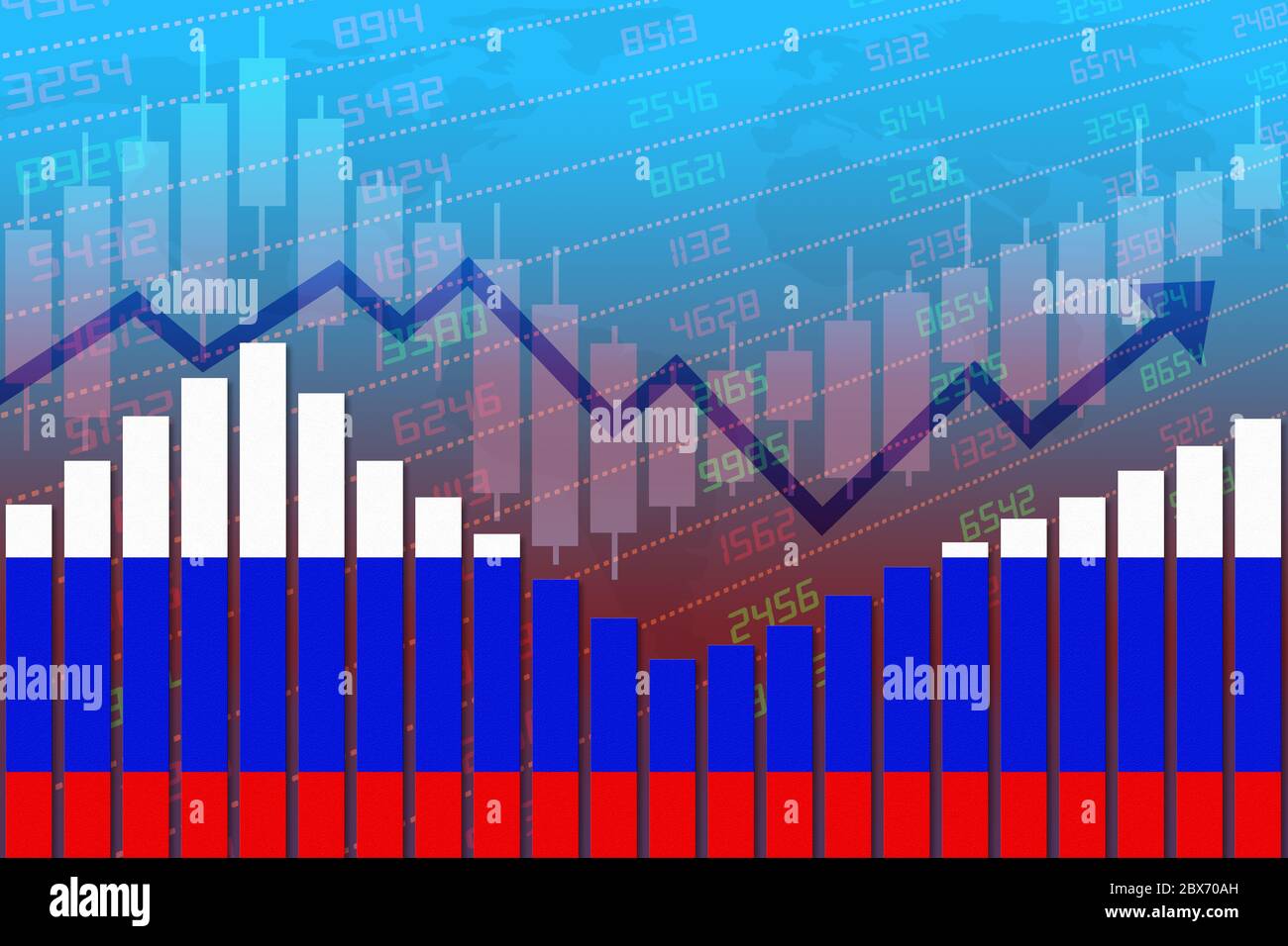 Flag of Russia on bar chart concept of economic recovery and business improving after crisis such as Covid-19 or other catastrophe as economy and busi Stock Photo
