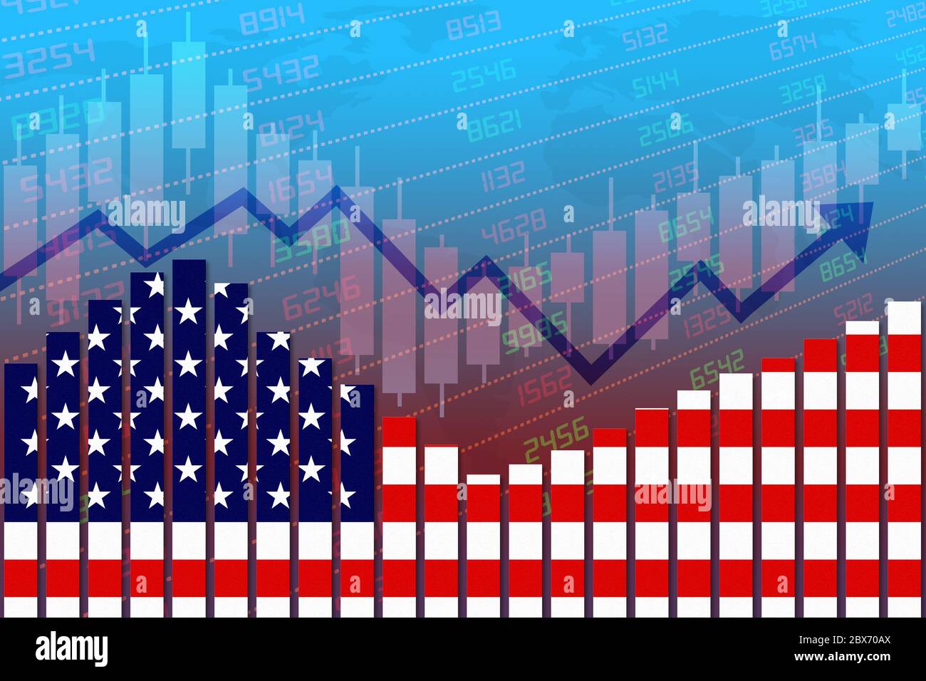 United States flag on bar chart concept of economic recovery with stock market down and up. Concept of business improving after crisis such as Covid-1 Stock Photo