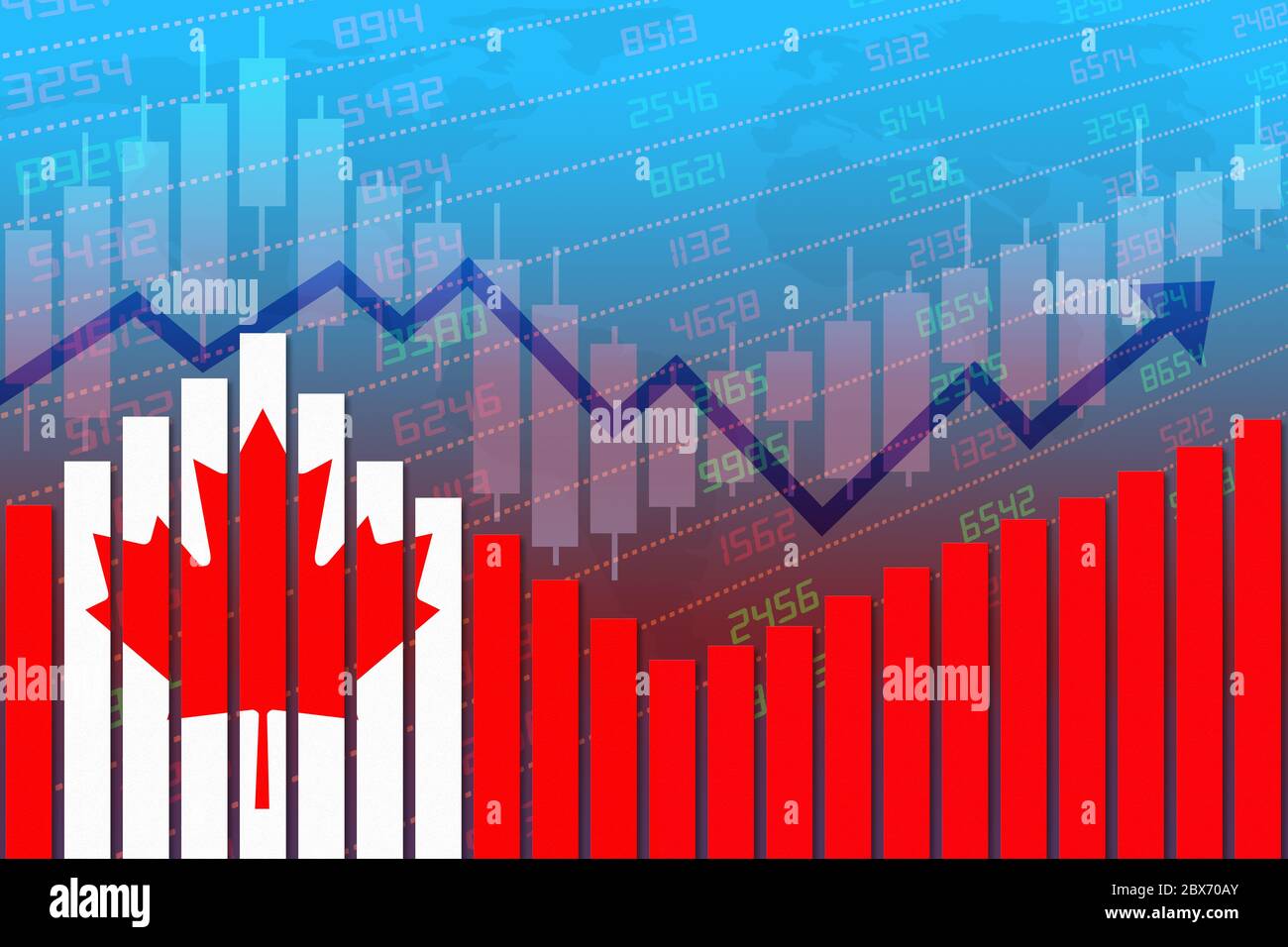 Canada flag on bar chart concept of economic recovery and business improving after crisis such as Covid-19 or other catastrophe as economy and busines Stock Photo