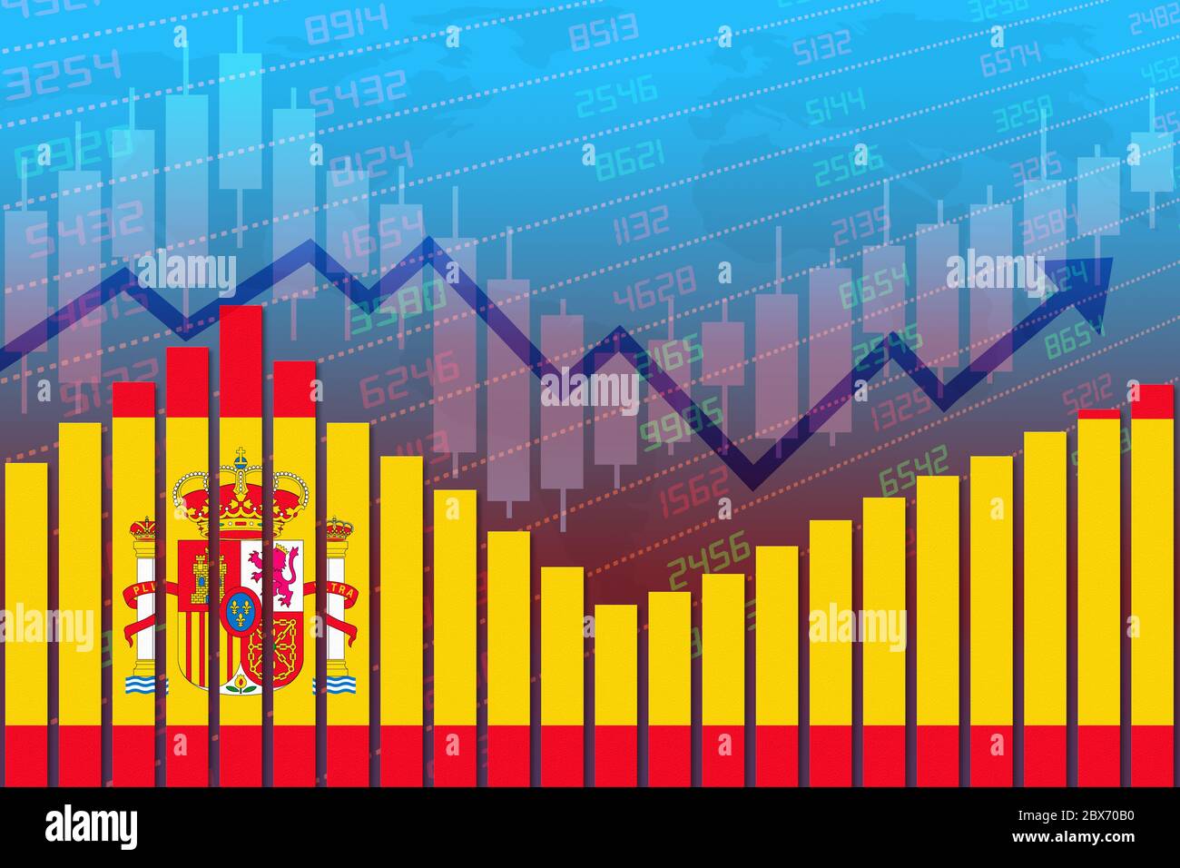 Flag of Spain on bar chart concept of economic recovery and business improving after crisis such as Covid-19 or other catastrophe as economy and busin Stock Photo
