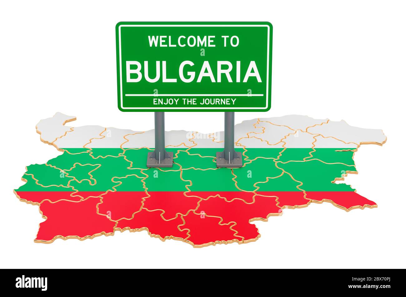 Billboard Welcome to Bulgaria on Bulgarian map, 3D rendering isolated on white background Stock Photo