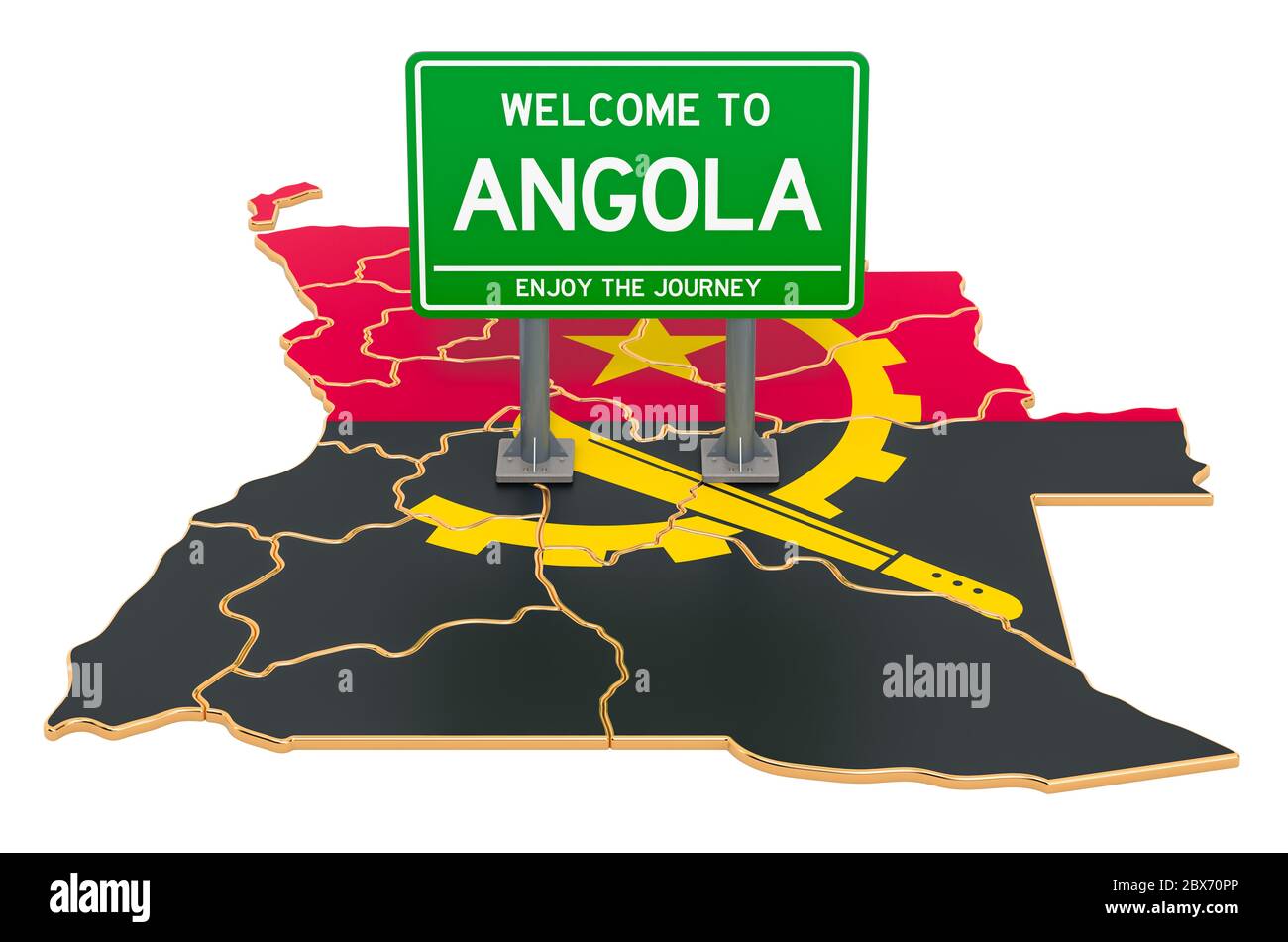 Billboard to Angola on Angolan map, 3D rendering isolated on