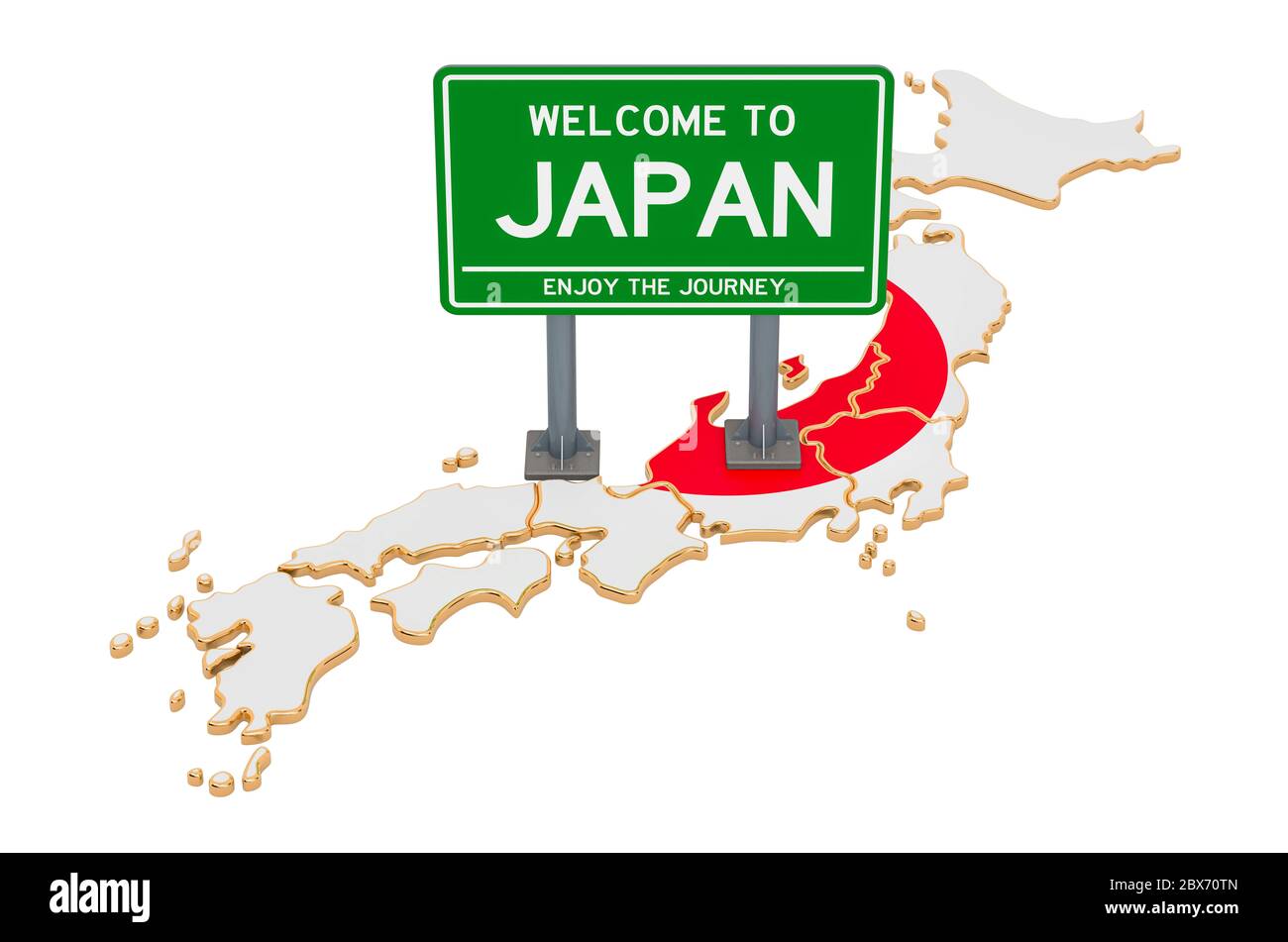 Billboard Welcome to Japan on Japanese map, 3D rendering isolated on white background Stock Photo